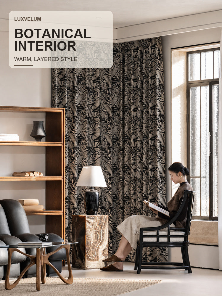 Bali Botanica black botanical curtain in a warm layered interior