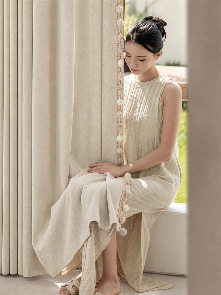 Maupassant ivory chenille curtain with decorative pom-pom trim