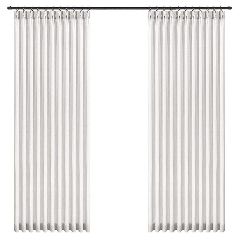 White LuxVelum Hera sheer curtain panels hanging from black rods