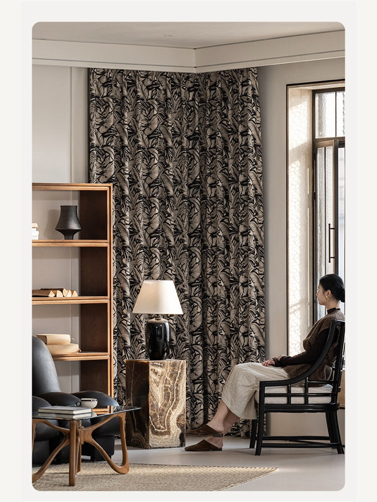 Bali Botanica black botanical jacquard custom curtain in a styled living room