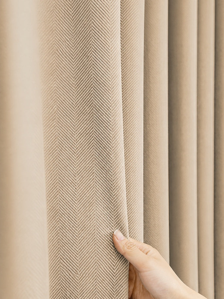 Herringbone velvet custom curtain close-up in warm beige
