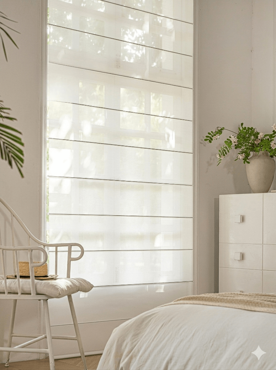 White LuxVelum Roman shade filtering daylight in a bedroom