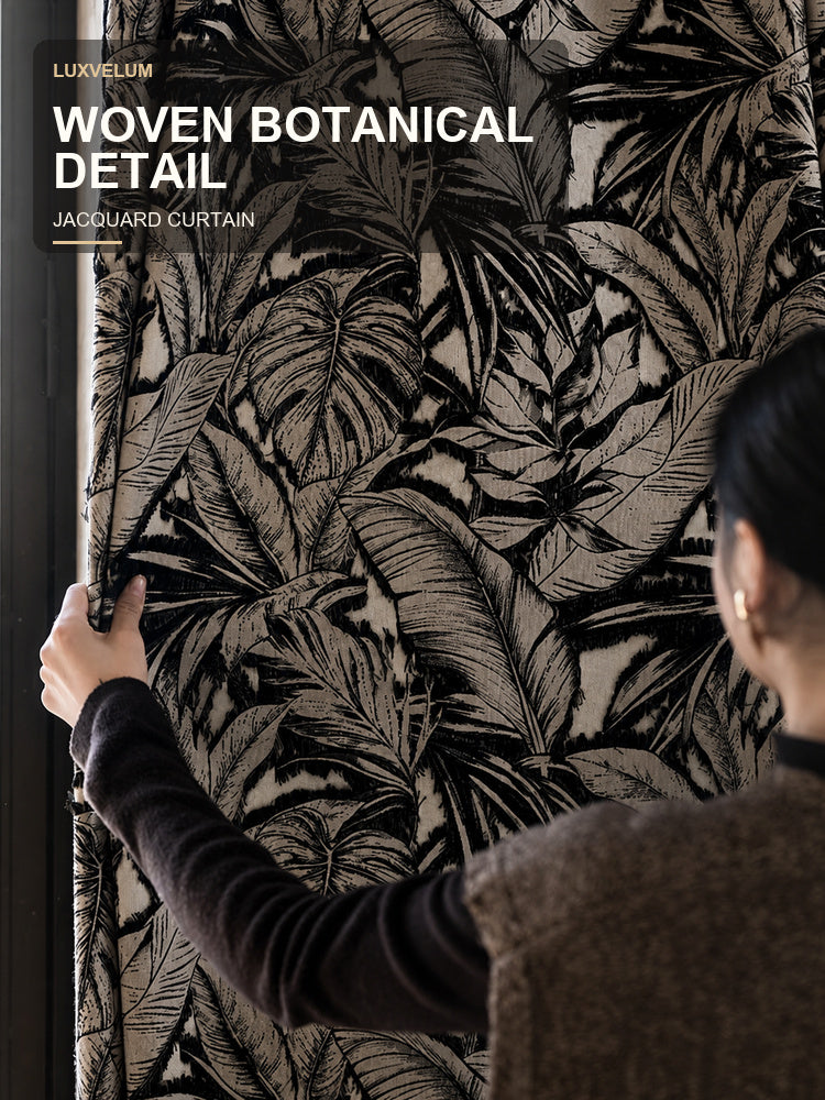 Woven black leaf pattern on the Bali Botanica jacquard curtain