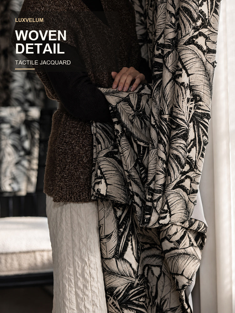 Tactile drape of the Bali Botanica yarn-dyed jacquard curtain